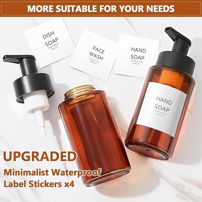 Amber Foam Soap Dispenser, 10 oz/300ml Glass Foaming Soap Dispenser, 2 Pcs Foaming Hand Dispenser for Bathroom & Kitchen, Refillable Bottle with Waterproof Labels