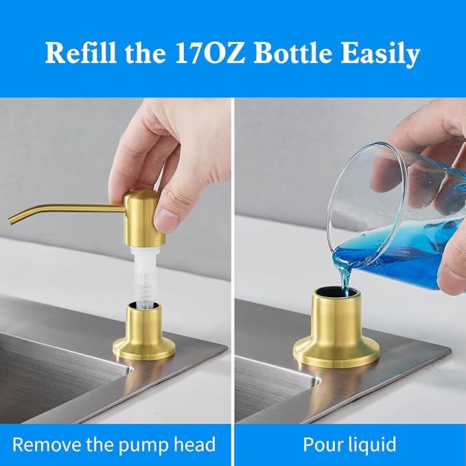 Built in Soap Dispenser for Kitchen Sink, Gold Brushed Stainless Steel Countertop Pump Head, Dish Soap Hand Lotion Dispenser with Refillable 17OZ Bottle