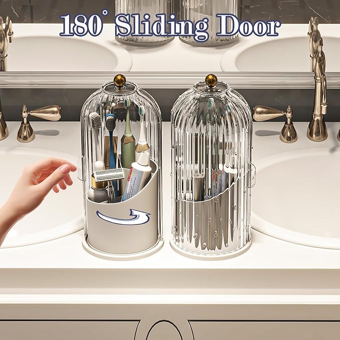 Zufudo Dustproof Toothbrush Holders with Cover, Rotating Electric Toothbrush and Toothpaste Holder for Bathroom Countertop, 3 Slots Makeup Brushes Organizer, Transparent