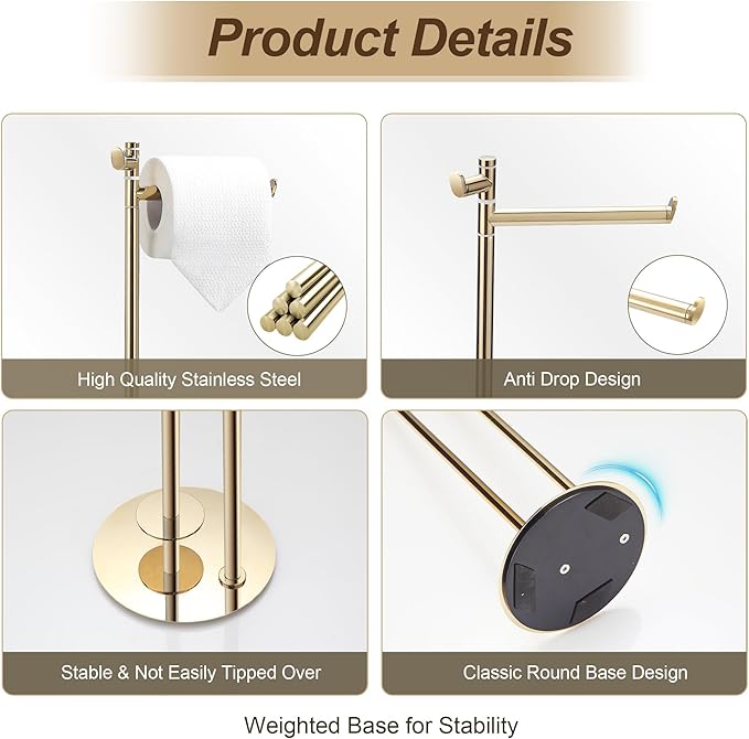 BVL Toilet Paper Holder Stand in Gold, SUS304 Stainless Steel, Weighted Base, Holds 5 Jumbo Rolls, Waterproof Pad, Compact Space-Saving Design with Built-in Hook for Modern Bathroom Storage