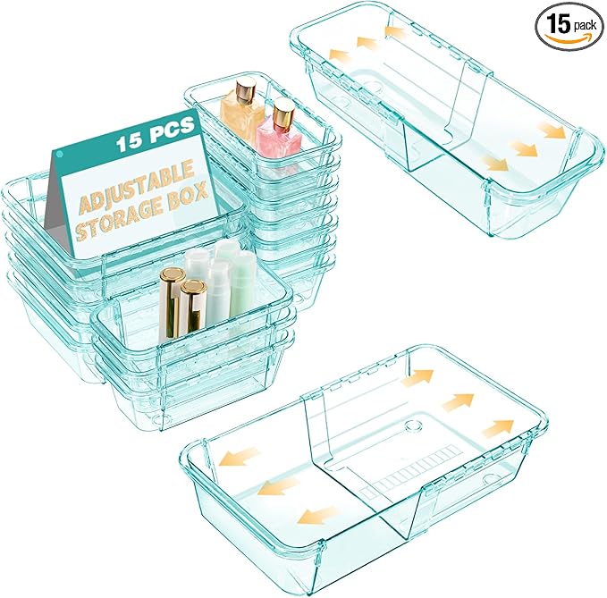 15 Pcs Extendable Clear Drawer Organizer, All Adjustable Vanity Storage Box, 2-Size Desk Drawer Organizer, Acrylic Storage Bins for Makeup, Bedroom Dressers Tool Organizer for Gadgets, Blue