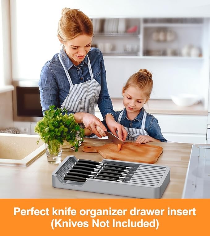Kitchen Knife Drawer Organizer Grey, In Drawer Knife Block Holder with Expandable Cutlery Tray Compact Organization Drawer Storage Holds Up To 11 Knives (Including Hooks&Sponges)