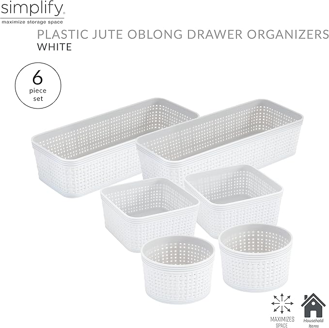 Simplify 6 Piece Organizing Set | Multiple Size Bins | Multipurpose | Office | Desk | Dorm | Bathroom | Storage Basket | Small Items | Accessories | White