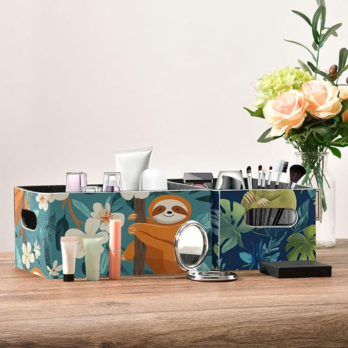 Closet Storage Bins 2 Pcs Felt Open Home Storage Containers Organizer with Handles Collapsible Shelf Basket for Home Office Craft Room Classroom Fabric Sloths Flowers Blue