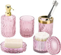 Pink Bathroom Accessories Set, 5Pack Clear Glass Bathroom Accessories, Includes Lotion Soap Dispenser, Toothbrush Holder, Qtip Holder and Soap Dish, Vintage Bathroom Decor