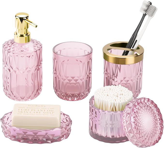 Pink Bathroom Accessories Set, 5Pack Clear Glass Bathroom Accessories, Includes Lotion Soap Dispenser, Toothbrush Holder, Qtip Holder and Soap Dish, Vintage Bathroom Decor