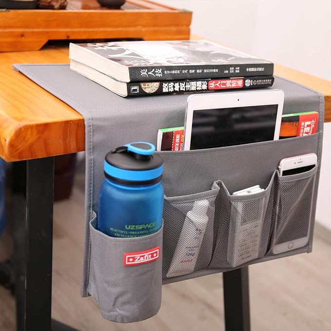 Zafit 5 Pockets Bedside Caddy, Bedside Storage Organizer for Water Bottles, Magazines, Phone, Glasses (5 Pockets-Grey)