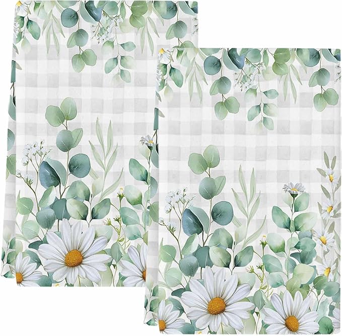 Kitchen Towels Set of 2, Green Eucalyptus Leaves Soft Microfiber Dish Towels, Daisy Summer Botanical Watercolor Plaid Absorbent Washable Dishcloths for Kitchen Cleaning, Drying Dishes, 18x28 Inches
