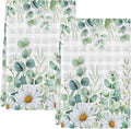 Kitchen Towels Set of 2, Green Eucalyptus Leaves Soft Microfiber Dish Towels, Daisy Summer Botanical Watercolor Plaid Absorbent Washable Dishcloths for Kitchen Cleaning, Drying Dishes, 18x28 Inches