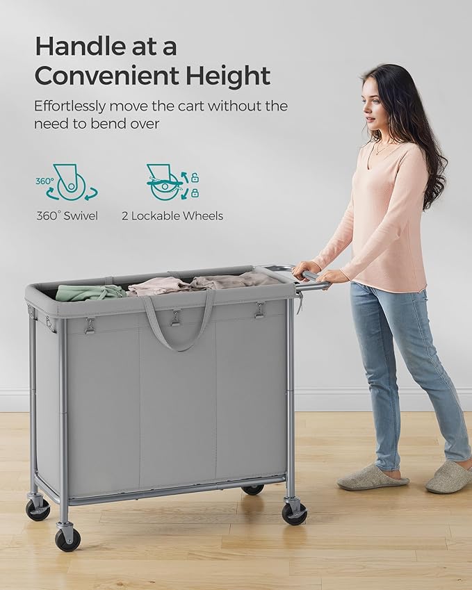 SONGMICS Laundry Basket with Wheels, 3-Section Rolling Laundry Hamper, 52.8 Gallons (200 L), Removable Liner, Steel Frame with Handle, 35.8 x 15.4 x 31.9 Inches, Dove Gray URLS005G01