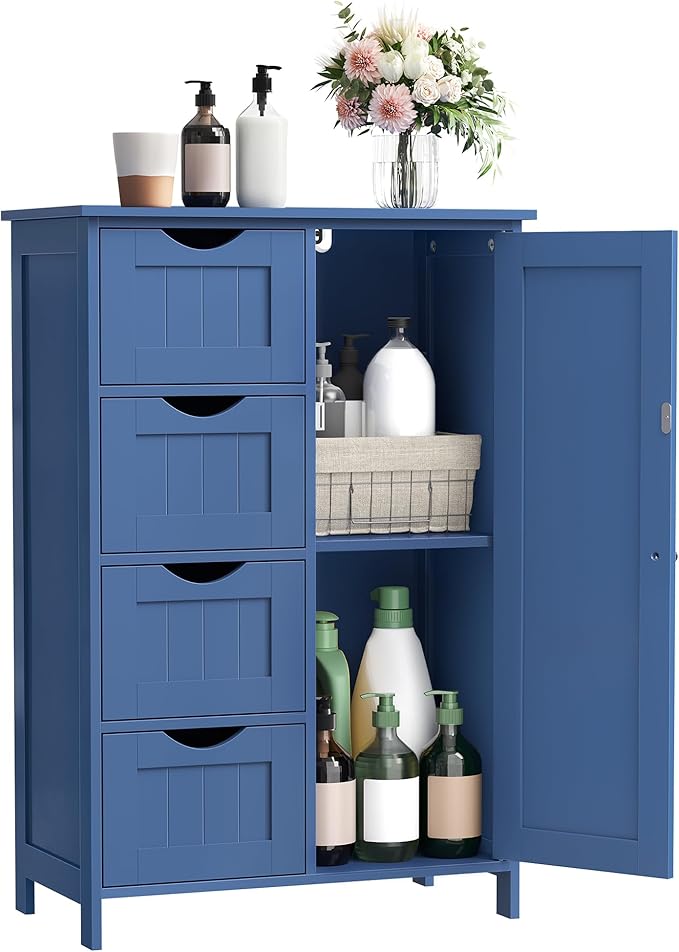 VASAGLE Storage Cabinet with Drawers, Freestanding Floor Cabinet with Door, 11.8 x 21.7 x 32.3 Inches, Adjustable Shelf, for Bathroom, Living Room, Kitchen, Bijou Blue ULHC041QE01S