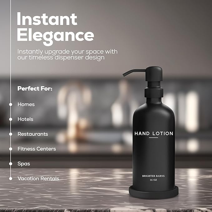 Black Glass Lotion Dispenser with Pump by Brighter Barns - Hand Lotion Dispenser Bathroom Set & Tray - Modern Bathroom Decor in Airbnb, Apartment Rental Properties, Guest House, Hotel Lobby (Black)