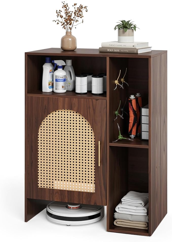 LITTLE TREE Robot Vacuum Storage Cabinet, Robot Vacuum Stand Cabinet, Multi Tier Farmhouse End Cabinet for Robot Vacuum Cleaners, Living Room, Small Corners, Dark Brown