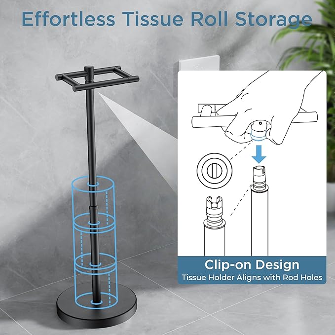 Toilet Paper Holder Stand Adjustable, Freestanding Tissue Roll Holder for Bathroom, Pivoting Design, Durable SUS 304 Stainless Steel and Weighted Base Toilet Paper Stand, Storage, Matte Black