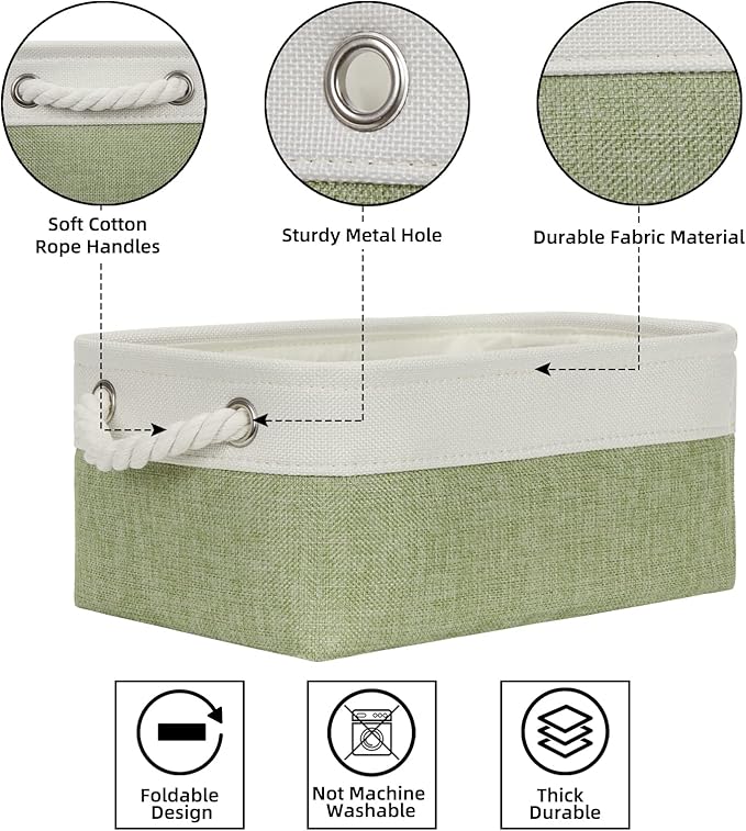 Bidtakay Small Baskets for Organizing Linen Closet Storage Baskets Set Of 6 Decorative Storage Bins for Shelves Cute Rectangular Baskets for Gifts Empty Nursery Dog Toys Baby Storage (White&Green)