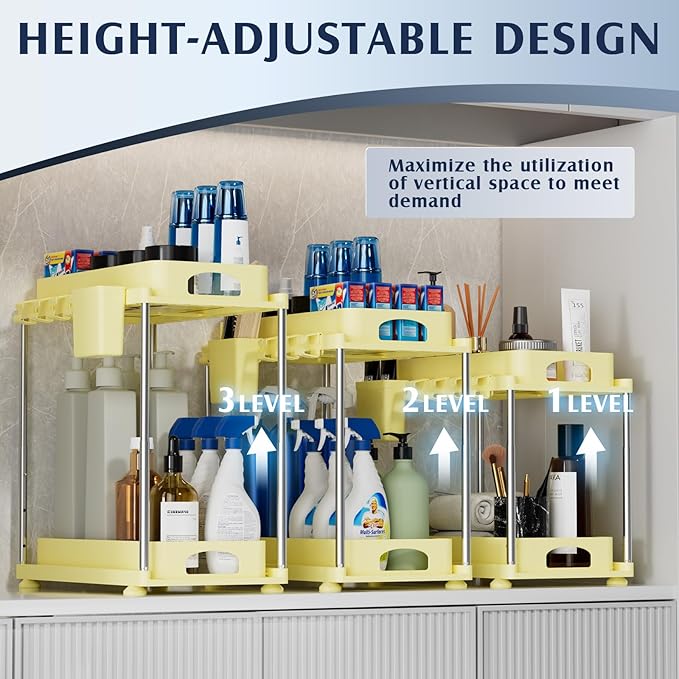 VERIFOST 2 Pack Under Sink Organizers and Storage, Height Adjustable Bathroom Cabinet Organizer, 2 Tier Under Sink Organizer with Hooks, Under Cabinet Organizer for Kitchen Bathroom (Yellow