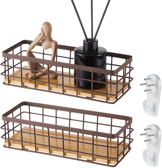 Funrous 2 Pcs Metal Small Wire Basket Wall Hanging Wire Basket Hang Small Bathroom Kitchen Storage Organizer Toilet Paper Mesh Storage Bin Shelf Rack with Base(Brown,9.84 x 3.94 x 2.76 Inches)