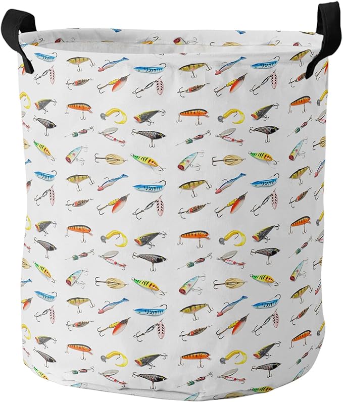 17-inch Laundry Hamper Foldable Laundry Basket, Seaside Fishing Waterproof Clothes Hamper for Bathroom Bedroom Living Room, Various Fish Hook Patterns Toy Baskets for Dollhouse