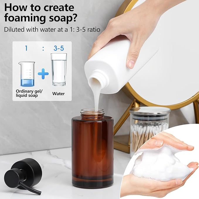 Foaming Soap Dispenser Set, 12 Oz Glass Hand Soap Dispenser with 304 Rust Proof Stainless Steel Pump, Waterproof Labels, for Bathroom Decor Kitchen College Dorm, Brown Black Pump 2 Pack