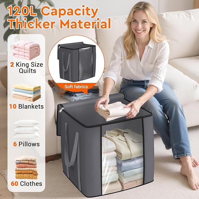 120L Extra Large Clothes Storage Bags, Foldable Blanket Storage and Organization, Thick Fabric Containers with Reinforced Handles & Zippers for Clothing, Comforters, Bedding, Gray, 6 Pack