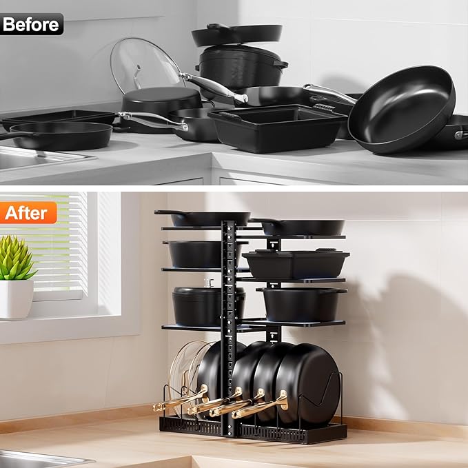LAMU Pots and Pans Organizer under Cabinet, Expandable to 24" H Pan Organizers inside Cabinet for Kitchen Storage, 6 Adjustable Tiers and 6 Pot Lid Organizer Racks, Holds 12 Cast Iron Cookware Black