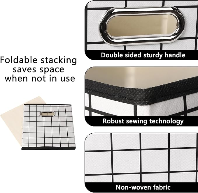 Yunkeeeper storage bins Cubes, Fabric Cube Organizer with Handle, Foldable Cube Bins for Cloth or Accessary Storage, 11x11x11, Set of 3,(White grid)