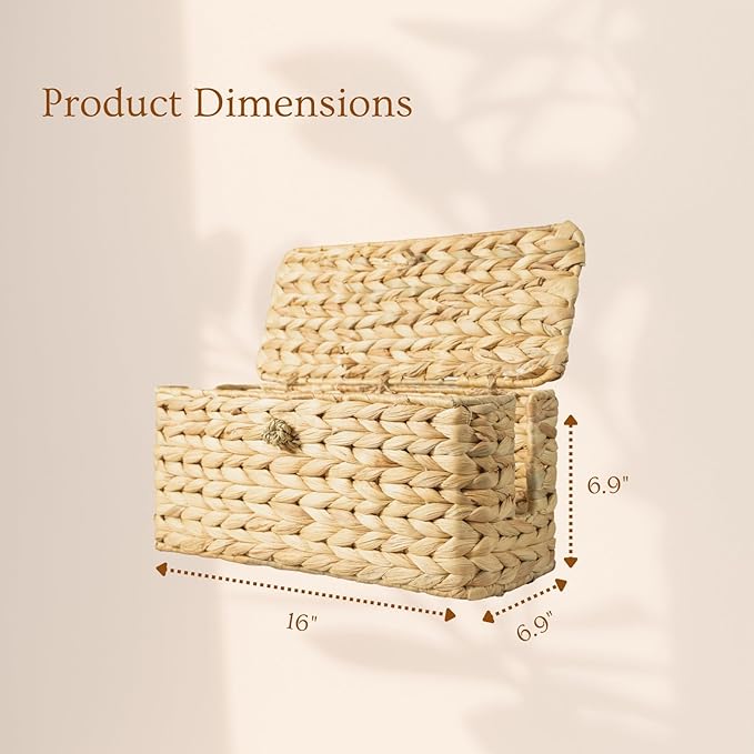 Wicker Cable Management Box with Lid, A Handwoven Water Hyacinth Cords Hider Box for TV, Computer, Router, USB Hub to Hide Cords & Power Strip for Desk, Floor, Office, 16x6.9x6.9”