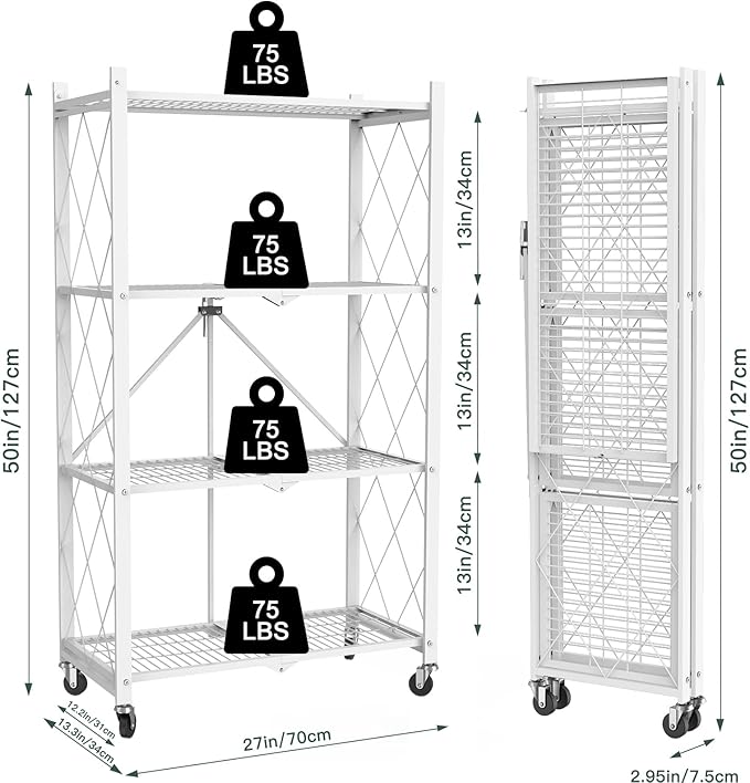 4 Tier Foldable Metal Storage Shelf with Wheels, 400 LBS Heavy Duty Collapsible Wire Shelving Unit, Rolling Utility Rack Cube Bookshelf for Kitchen Pantry Office Garage, 50" x 13" x 27" White