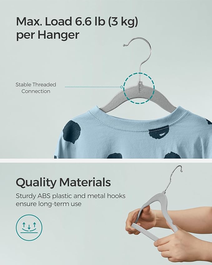 SONGMICS Baby Kids Hangers 50 Pack for Closet, 11.8 x 8.1 Inches, Silver 360° Swivel Hooks, Space-Saving Clothes Velvet Hangers for Nursery, Non-Slip, Dove Gray UCRF027G05