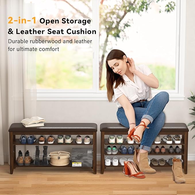 Taitiy Shoe Bench Storage Rubberwood with Leather Cushion for Entryway Bench Ideal for Hallways Shoe Rack Front Doors Entrances Mudrooms Featuring 3 Height-Adjustable and Removable Shelves