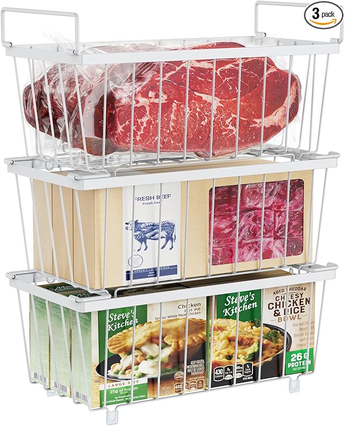 iSPECLE Chest Freezer Organizer Bins - Fits 7 Cu.Ft Deep Freezer, 3 Pack Stackable Wire Baskets(14.7" Length), Heavy Duty Coated Freezer Organizer, Rust Resistant for Frozen Food Sorting, White