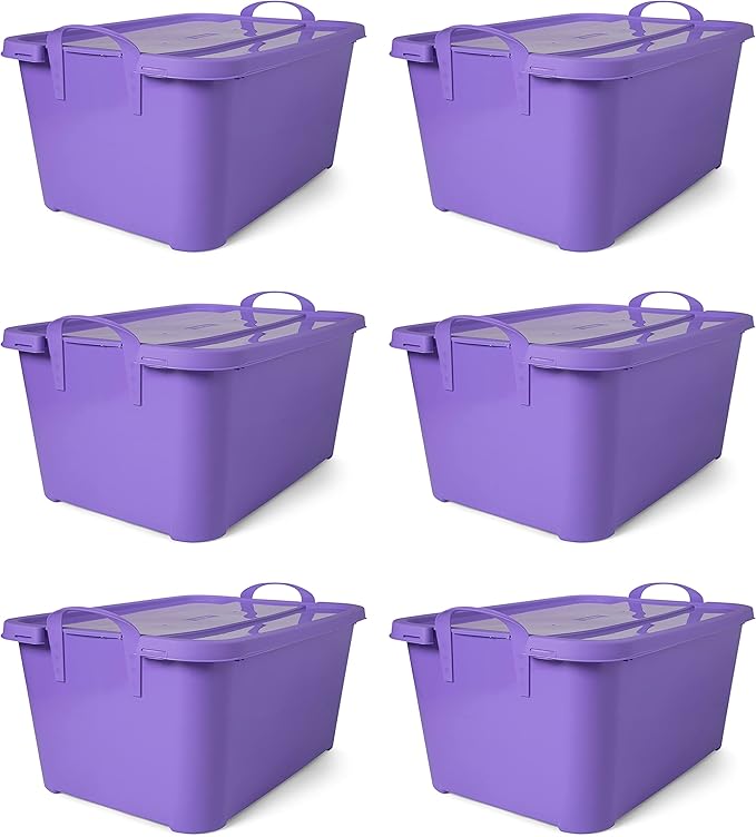 Life Story 6 Pack Light Duty Stackable Storage Bin, 55 Quart Home Organizer, Versatile Lightweight Locking Bins with Carrying Handles, Purple