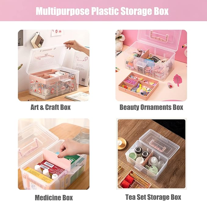 FOREVERIE Clear Plastic Office Supply Art & Craft Storage Box, Sewing Box Organiser Large with a Removable Tray & Adjustable Partition, Portable Travel Makeup Case (Clear & pink)