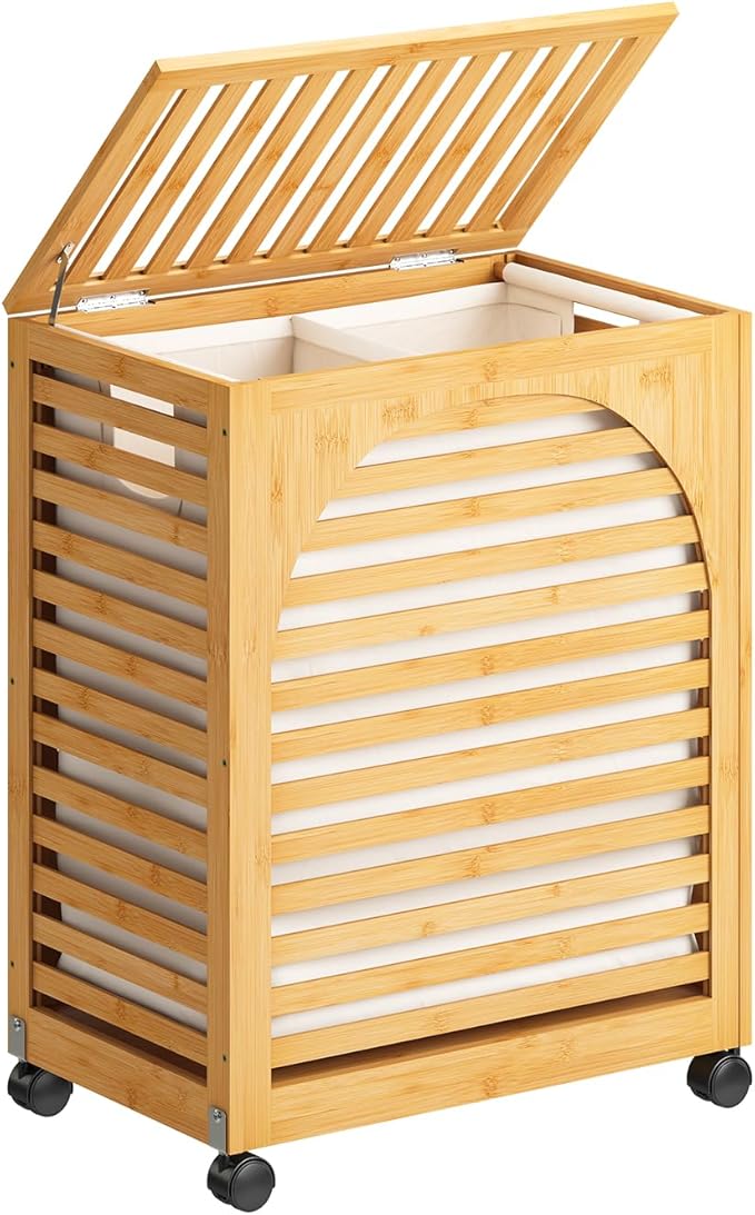 Laundry Hamper with Wheels, Large Laundry Basket with Lid, 27.3 Gallon (103.4L) Bamboo Wood Clothes Laundry Hamper 2 Section with Handles, Removable Liner