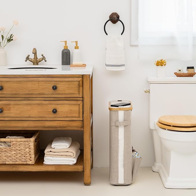 StorageWorks Toilet Paper Storage Baskets with Dual Flip Lids, Toilet Paper Organizer for Bathroom, Toilet Paper Container with Side Pocket, Holds 15 Mega or 20 Regular Rolls, Large, Light Khaki