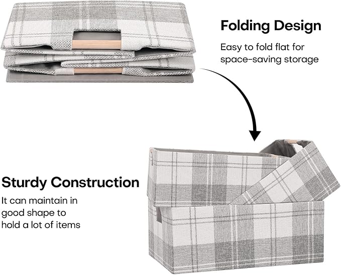 Fabric Storage Bin Box Collapsible Cotton Linen Storage Cube with Wooden Handles Rectangular Decorative Home Organizer Clothes Blanket Basket– Light Gray Plaid, Small