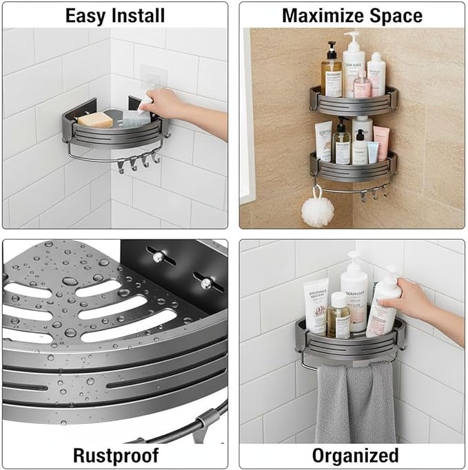 2-Tier Corner Shower Caddy, No Drilling Shower Organizer with Towel Bar and Hooks, 11.8x8.9x2.6 in Adhesive Shower Shelf, Rustproof Aluminum Bathroom Corner Storage