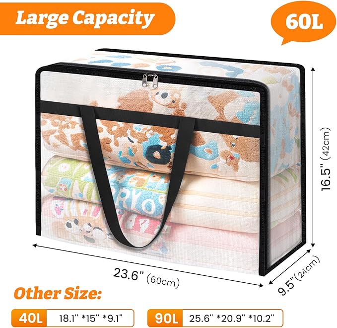 BlissTotes 6 Pack Clear Clothes Storage Bags, Moving Bags, Foldable Blanket Storage Under Bed Storage Containers with Sturdy Zipper and Handle for Clothing, Comforter, Bedding, Sheet (60L)