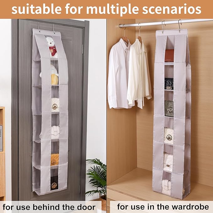Over The Door Purse Organizer, 6-Pocket Hanging Storage for Handbags, 62.2x10.24 Inch, Space-Saving Closet Organizer with Metal Hooks, Gray (Light Gray)