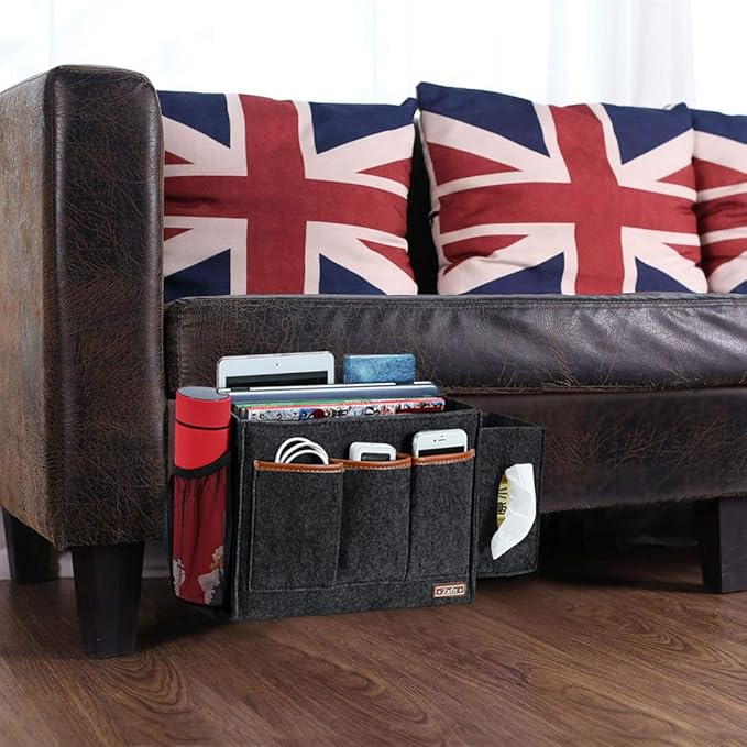 Zafit Bedside Caddy, Large Size Storage Organizer - Bedside Organizer for Magazine, Remotes, Phone (13.4'' x 18.1'' Tissue Box Holder, Dark Grey)