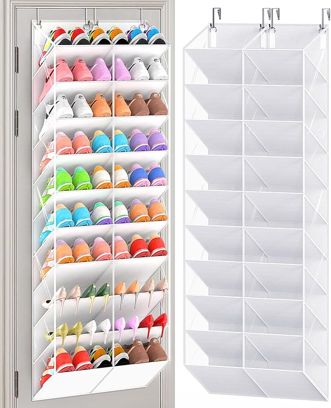 20-30 Pairs Over the Door Shoe Organizer, Clear Pockets Hanging Shoe Storage for Closet, 10-Tier Door Shoes Rack, Handing Shoes Holder Fit All the Family's Sneakers, Boots, Heels, White