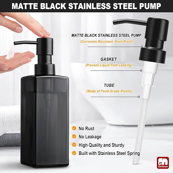 GMISUN Black Glass Soap Dispenser, Hand Soap Dispenser with Stainless Steel Pump for Bathroom, 12 fl oz/350ml Refillable Dish Dispensers for Kitchen, Modern Liquid Lotion Bottles for Countertop