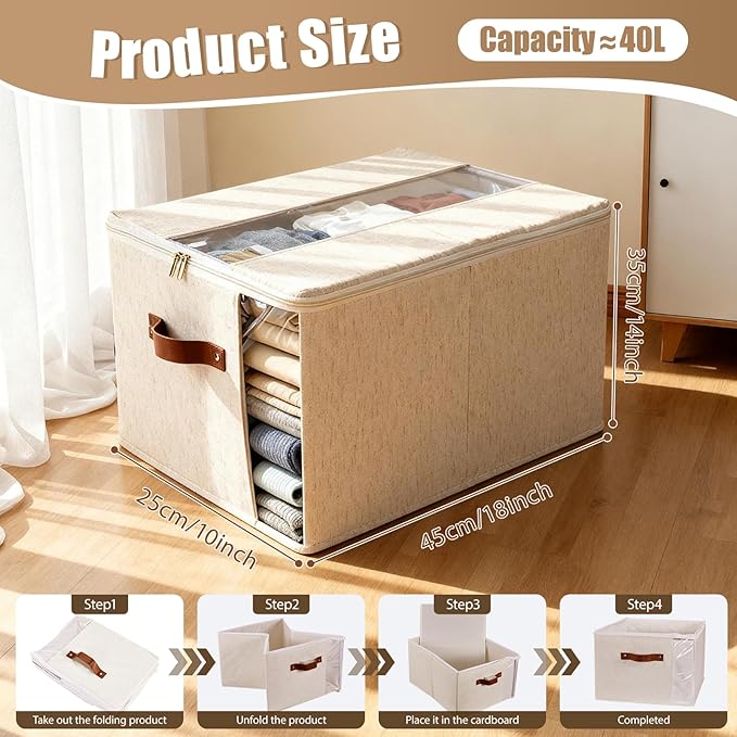 2 Pack Large Fabric Storage Baskets for Shelves, Basket Organizers and storage Bins with Handles for Home Organizing, Beige Decorative Collapsible Baskets for Clothes, Toys, and Blankets