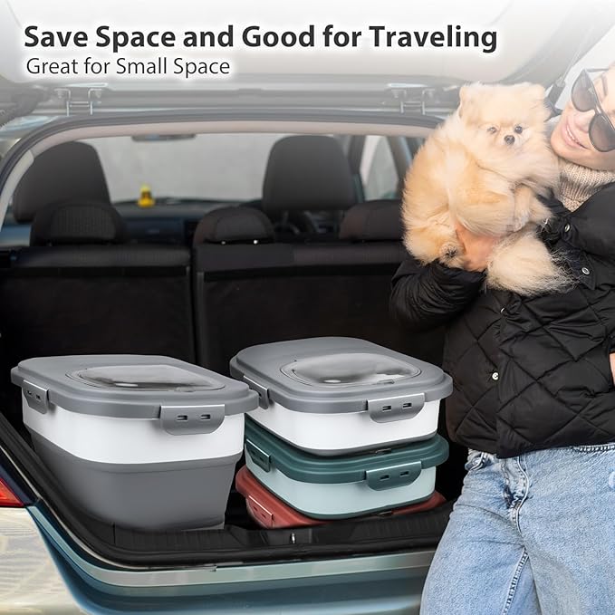 Dog Food Storage Container, 10-20Lbs Collapsible Pet Food Storage Containers with Rolling Wheel Airtight Locking Lid, Dry Food Storage Bin with Cup and Scoop,Suitable for Pet Food, Rice, Flour