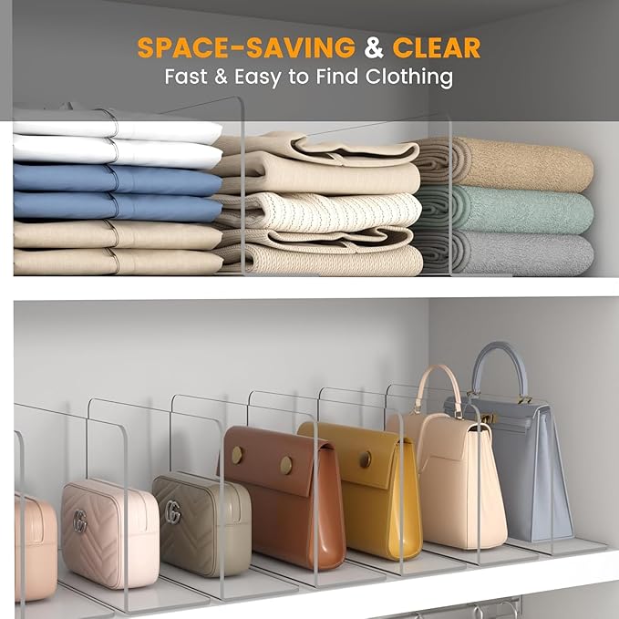 OKPOW Shelf Dividers for Closet Organization: 4 Pack Durable Clear Acrylic Divider Organizer for Shelves - Vertical Adjustable Shelving Separators for Clothing Purse