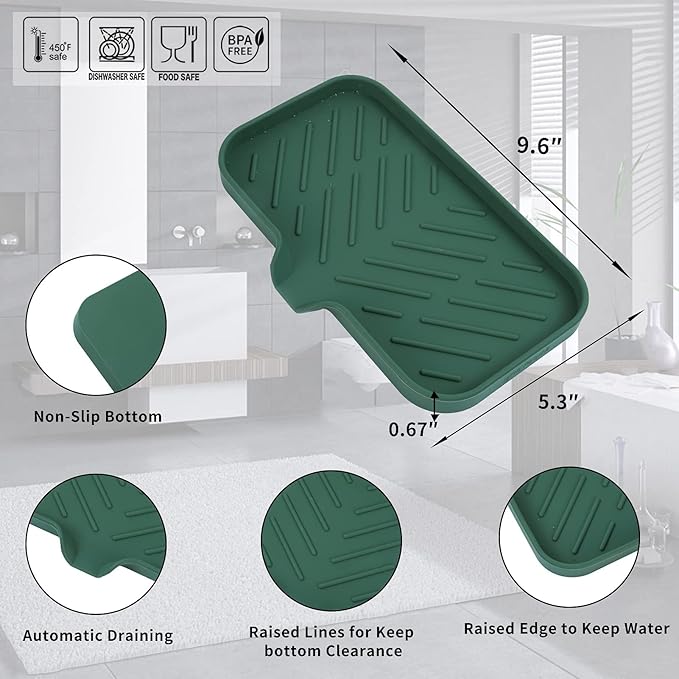 MicoYang Silicone Bathroom Soap Dishes with Drain Spout-Bathroom and Kitchen Sink Organizer,Sponge Holder,Dish Soap Tray,Perfect for Dispenser,Scrubber,Bottle,Cup on Sink or Counter-Green 9.6"×5.3"