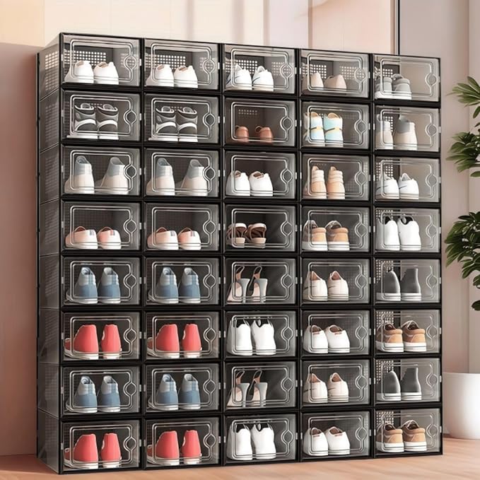12 piece double frame transparent shoe box; Stackable plastic box shoe storage artifact; Foldable shoe box dormitory space saving shoe rack