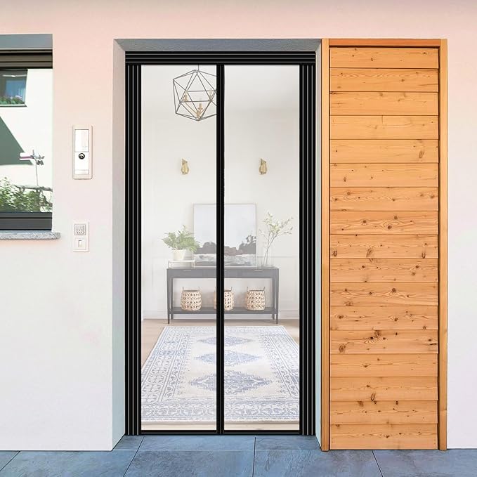 Transparent DIY Adjustable Insulated Door Curtain Fit Doors Size Width 34" - 39" Height 81" - 84"- Reinforced Self Sealing Magnetic Screen Door, Hands Free Door Screen with Closure Weighted Bottom