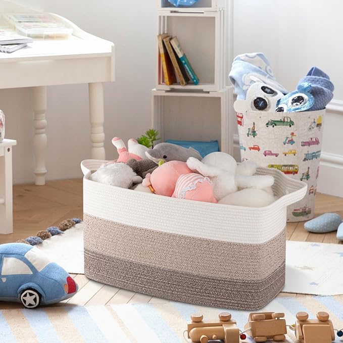 OIAHOMY Large Storage Basket, Cotton Rope Woven Blanket Basket, Toy Bin for Baby Room, Container for Blanket Storage in Living Room, 20''×16''×12'', Gradient Brown