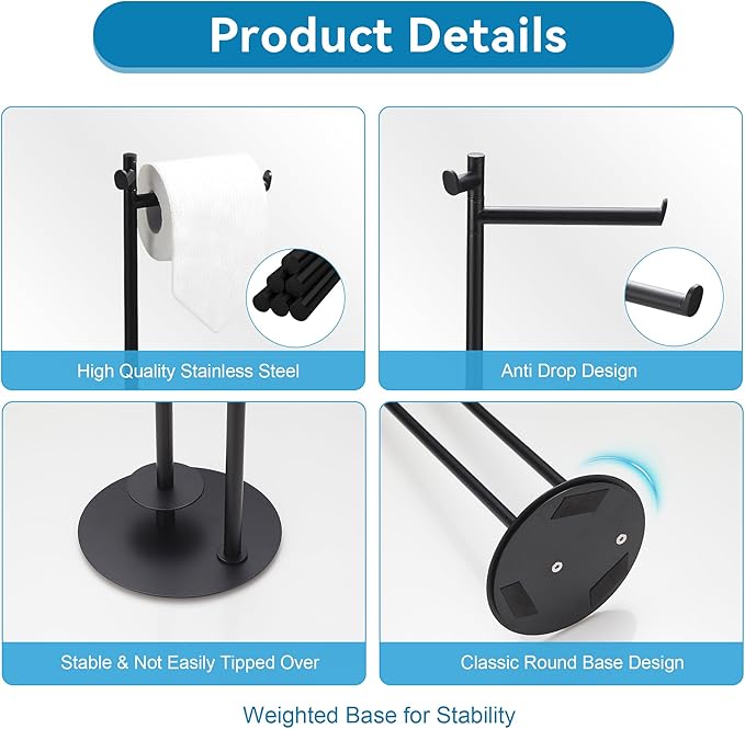 BGL Toilet Paper Holder Stand, SUS304 Stainless Steel Matte Black, Weighted Base, Holds 5 Jumbo Rolls, Space-Saving Modern Bathroom Storage with Built-in Hook